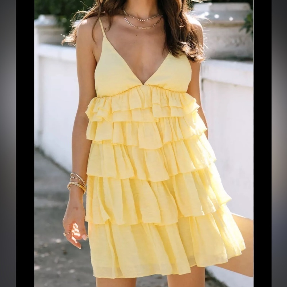 Mustard Seed Sz S yellow tiered mini dress - Picture 2 of 7